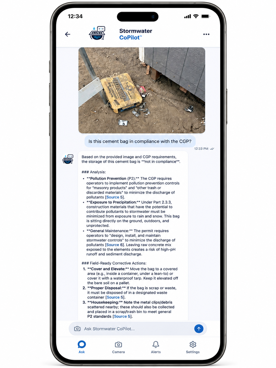 Stormwater CoPilot app analyzing a cement bag photo for CGP compliance