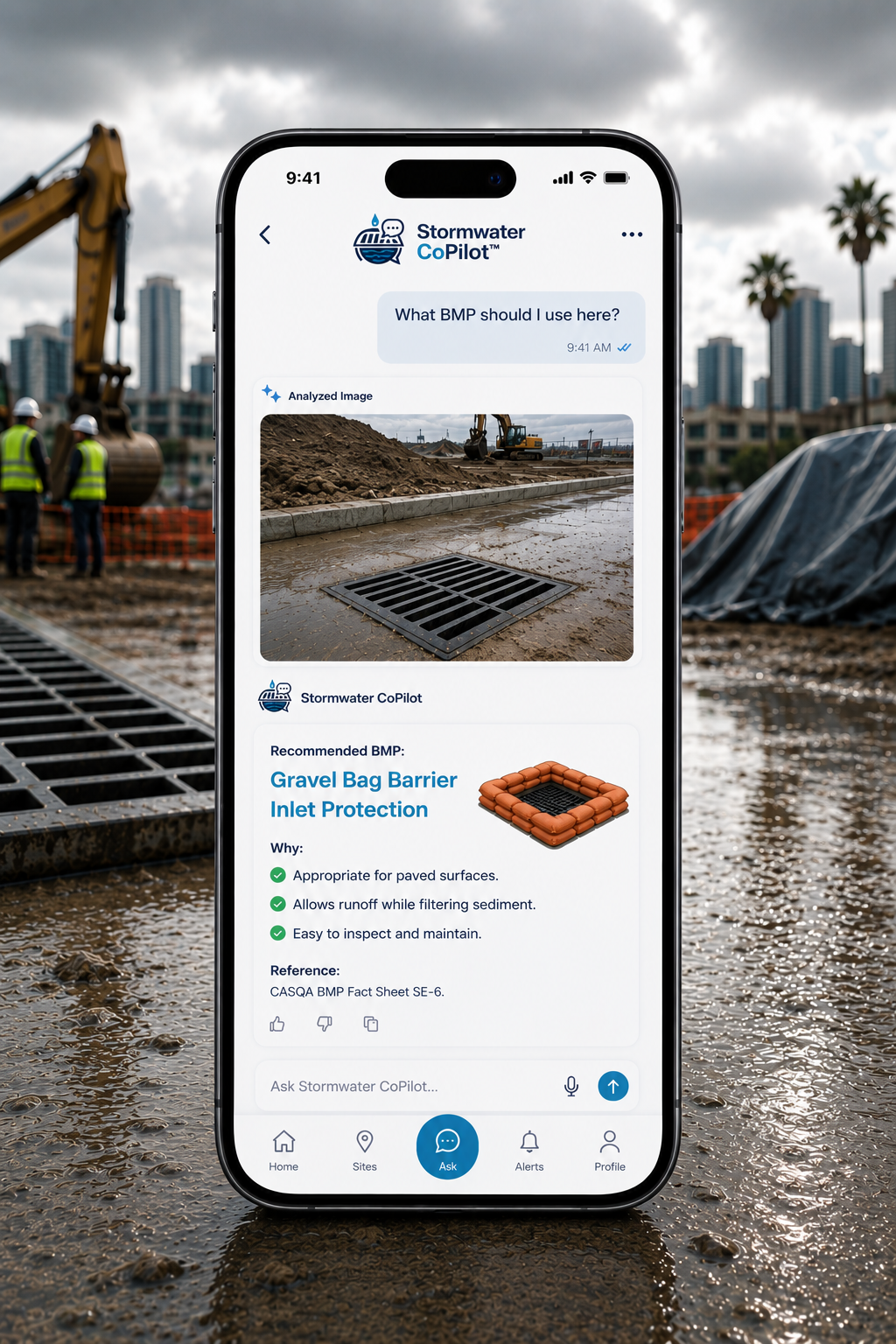 Stormwater CoPilot app showing a recommended BMP with permit citations
